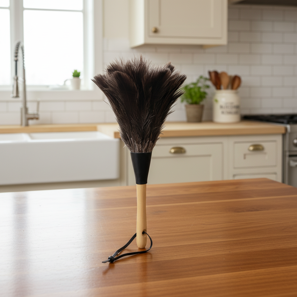 Staubwedel elfenbeinfarbene Federn - Holzgriff